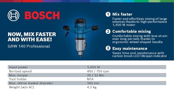 BOSCH Professional GRW 140 with 1 X 140 mm Stirrer, 1400 W, M14, 750 RPM | Powerful Mixing Tool | Use it to Mix Cement, Plaster, Paint, Mortar