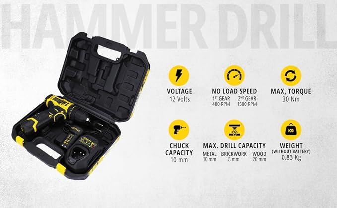 STANLEY SCD10D2K-IN(12 V) Brushed Hammer Drill Driver,with 2x2Ah Batteries & 1.5A Charger LED light,variable speed trigger switch,forward/reverse button,10mm chuck,clutch setting 20+1