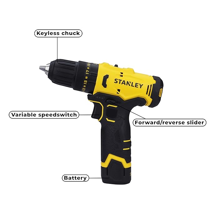 STANLEY SCD10D2K-IN(12 V) Brushed Hammer Drill Driver,with 2x2Ah Batteries & 1.5A Charger LED light,variable speed trigger switch,forward/reverse button,10mm chuck,clutch setting 20+1