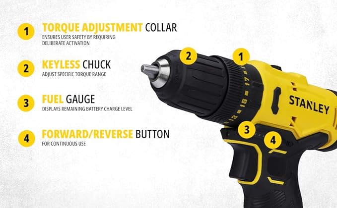 STANLEY SCD10D2K-IN(12 V) Brushed Hammer Drill Driver,with 2x2Ah Batteries & 1.5A Charger LED light,variable speed trigger switch,forward/reverse button,10mm chuck,clutch setting 20+1