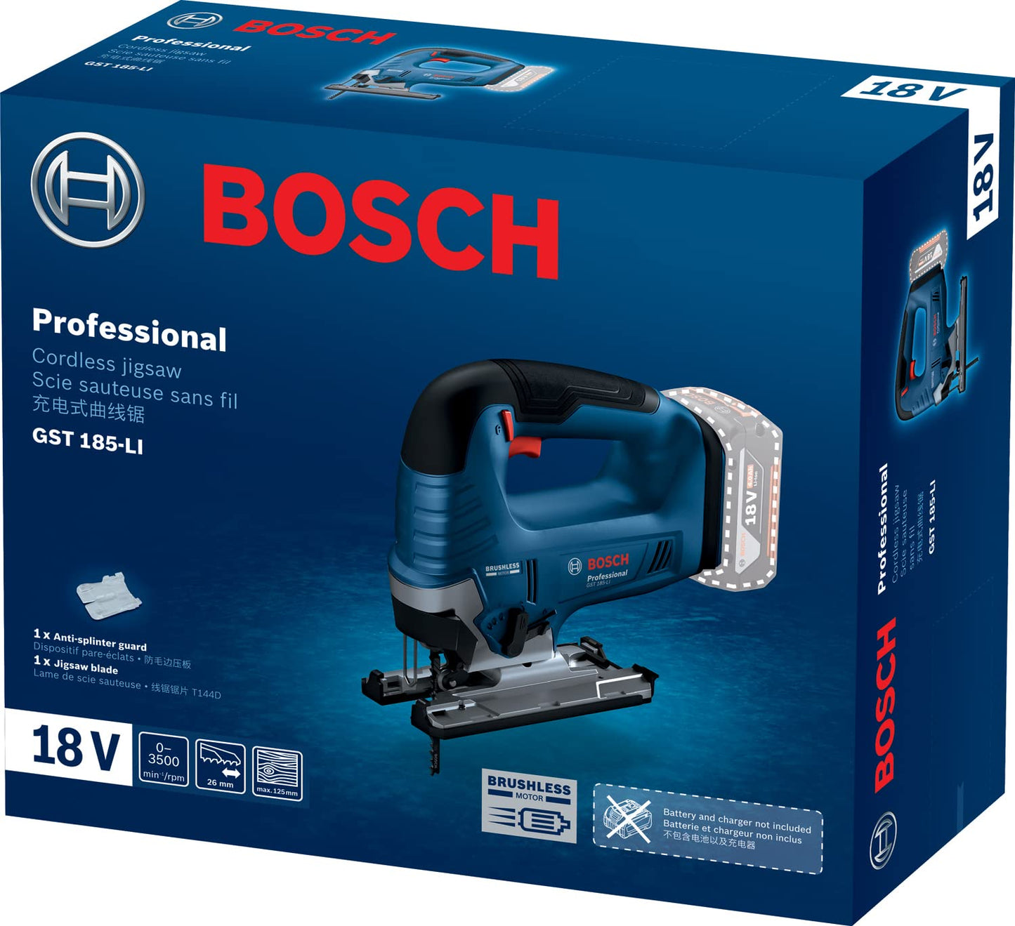 Bosch GST 185-Li Professional Cordless Jigsaw, 18V, 125 mm Cutting Depth, Dust Extraction, 2 kg + Carrying case, 1 x jigsaw blade (Solo Tool - 18V Batteries & Charger sold seperately)