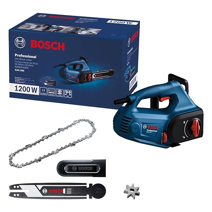 Bosch GAC 250-AAC Corded Electric Block Cutter, 1200W, 1.3mm Chain Gauge, 12 m/s, Ergonomic Handle + 1 (Bosch Guide Rail, Saw Chain & Sprocket Wheel)