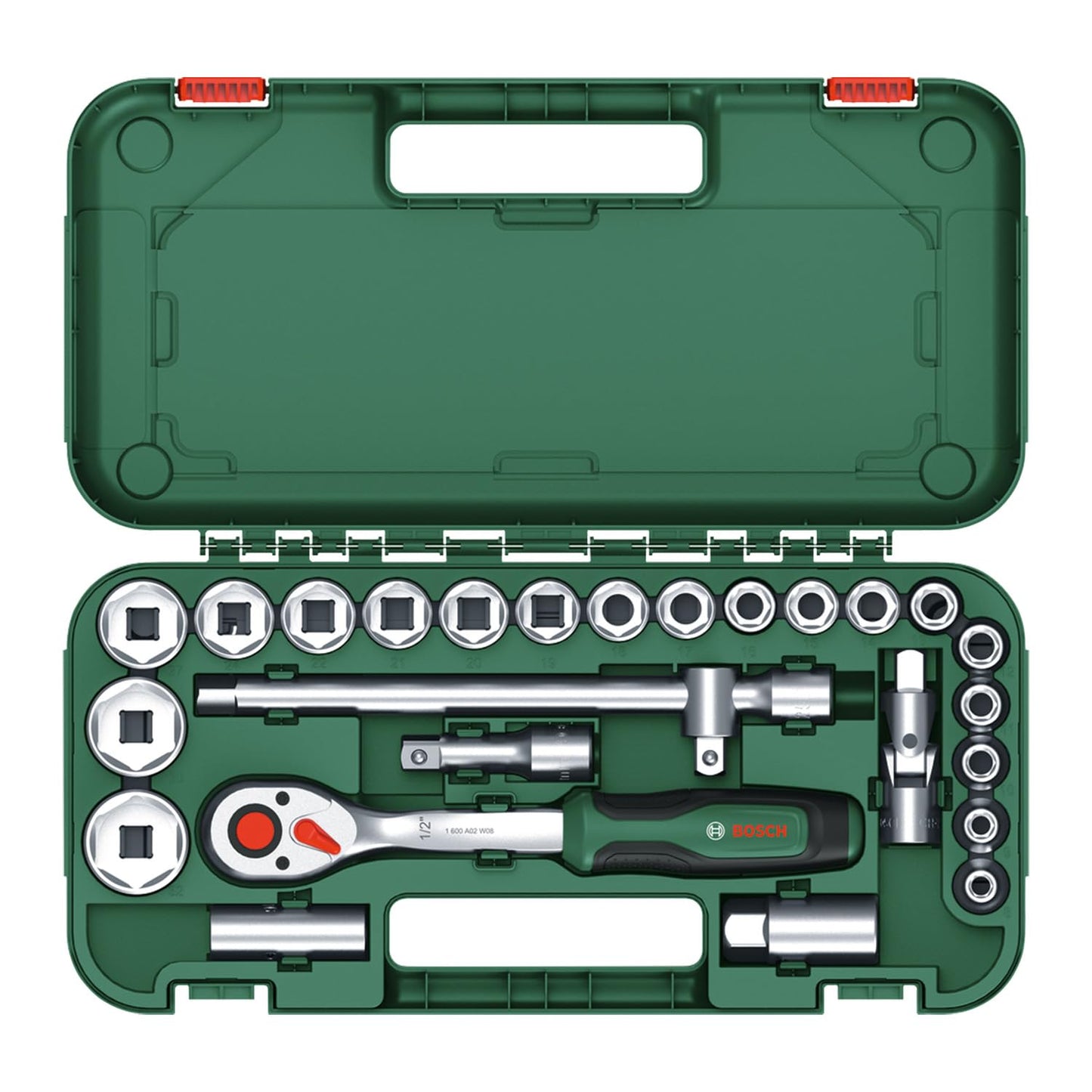 Bosch 1600A02Z9F 1/2 inch Drive Ratchet Socket Set 25-Piece for Automobiles/Bike/Car Repair