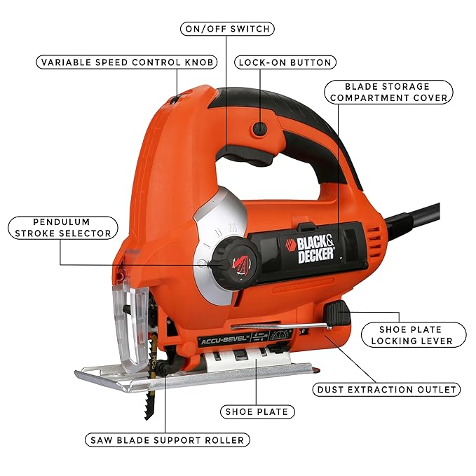 BLACK+DECKER KS900EKX 600W Corded Variable Speed Slightline Autoselect Pendulum Jigsaw with Kitbox and 10 blades included to Cut High Density Materials