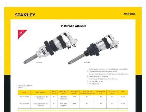 Stanley 1 Inch Impact Wrench, 4000 RPM Speed & 2168 Nm Max. Torque (97-558LA)