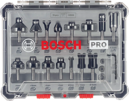 Bosch 2607017472 PRO Router Bit 8mm Mixed Set, 15 pcs