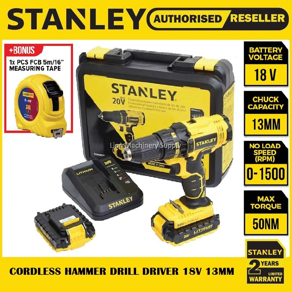 STANLEY SCH20C2K-B1 CORDLESS HAMMER DRILL DRIVER 18V 13MM - Come With 2pcs 1.3Ah Batteries - 2 Years Limited Warranty -