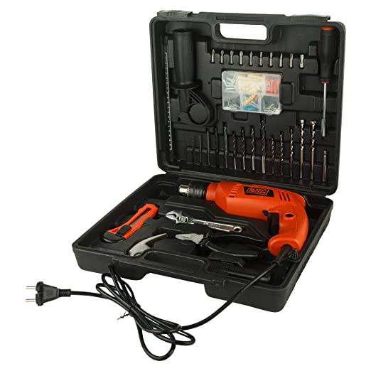 BLACK+DECKER HD555KMPR-B1 Hammer Drill Machine & Hand Tool Kit (100 pc) For Wood, Steel & Masonry, 13mm 550 Wat