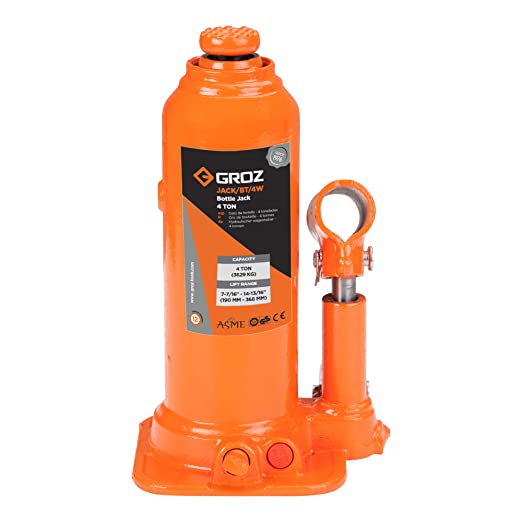 Groz 4 Ton Hydraulic Bottle Jack with Load Limiting Device | Ideal for use MUVs, SUVs, Mini Trucks, LCVs | Portable | Leak-proof| Forged Base| Lifting Range: 190 368 mm| JACK/BT/4W, Orange