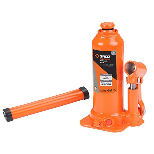 Groz 4 Ton Hydraulic Bottle Jack with Load Limiting Device | Ideal for use MUVs, SUVs, Mini Trucks, LCVs | Portable | Leak-proof| Forged Base| Lifting Range: 190 368 mm| JACK/BT/4W, Orange