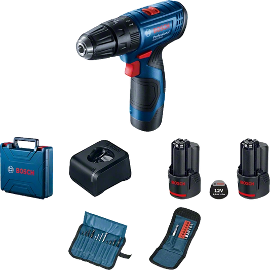 Bosch GSB 120-LI Professional Cordless Drill Driver For Wood + 2 x battery GBA 12V 1.5Ah, Charger GAL 1210 CV Professional & 23-piece drilling and screw driving bit set with holder