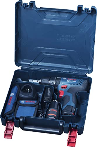 Bosch GSB 120-LI Professional Cordless Drill Driver For Wood + 2 x battery GBA 12V 1.5Ah, Charger GAL 1210 CV Professional & 23-piece drilling and screw driving bit set with holder