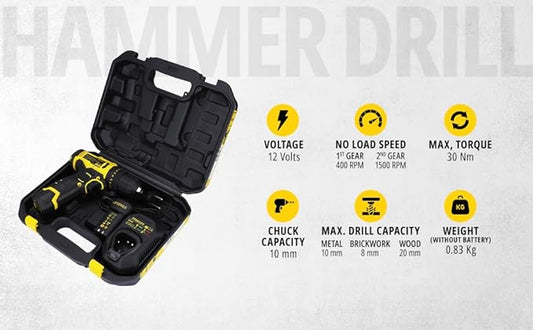 STANLEY SCD10D2K-IN(12 V) Brushed Hammer Drill Driver,with 2x2Ah Batteries & 1.5A Charger LED light,variable speed trigger switch,forward/reverse button,10mm chuck,clutch setting 20+1
