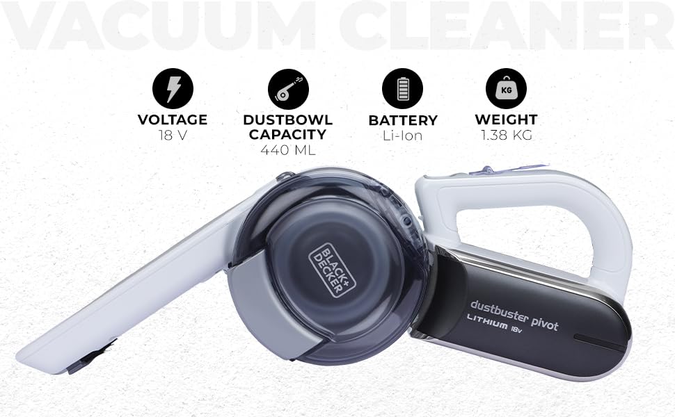 BLACK+DECKER PV1820LF-B1 18V 2.0Ah Cordless Handheld Vacuum Cleaner with 440 ml Bowl Capacity, Patented Nozzle Design Pivots Upto 200 Degrees, Folds in Half for Compact Charging & Storage