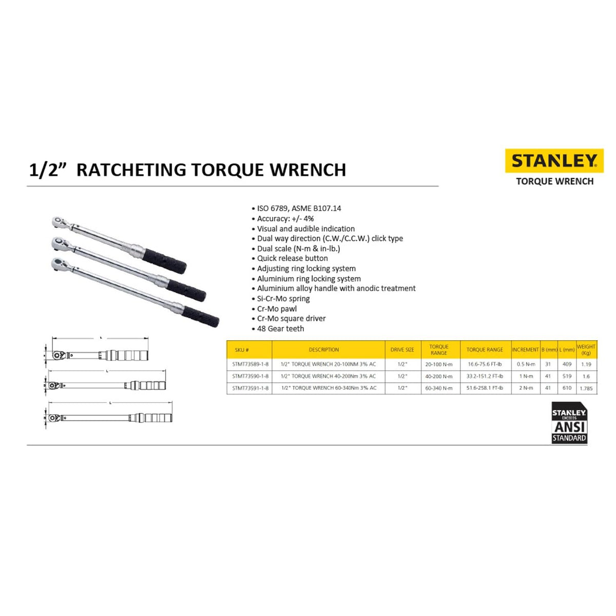 Stanley STMT73591-8 1/2'' Ratcheting Type Drive Torque Wrench 60-340 Nm