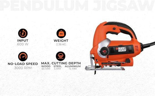 BLACK+DECKER KS900EKX 600W Corded Variable Speed Slightline Autoselect Pendulum Jigsaw with Kitbox and 10 blades included to Cut High Density Materials
