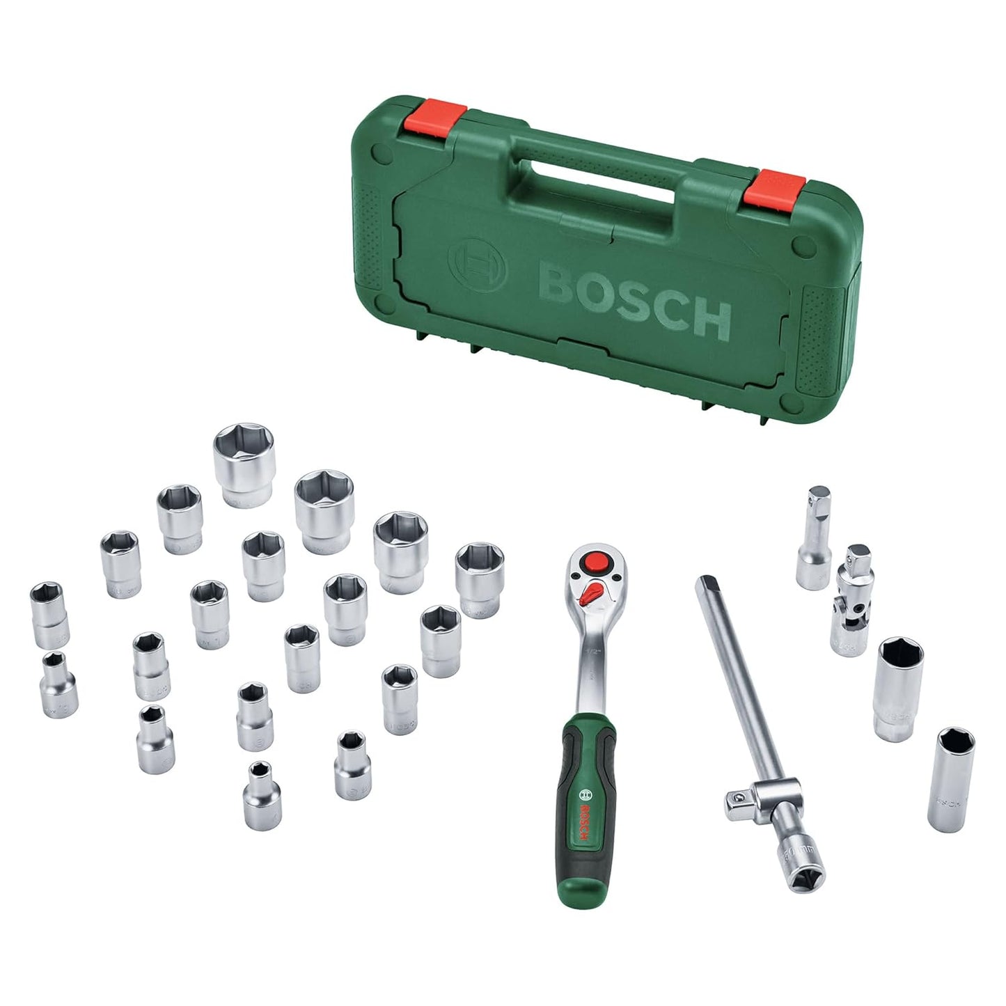 Bosch 1600A02Z9F 1/2 inch Drive Ratchet Socket Set 25-Piece for Automobiles/Bike/Car Repair