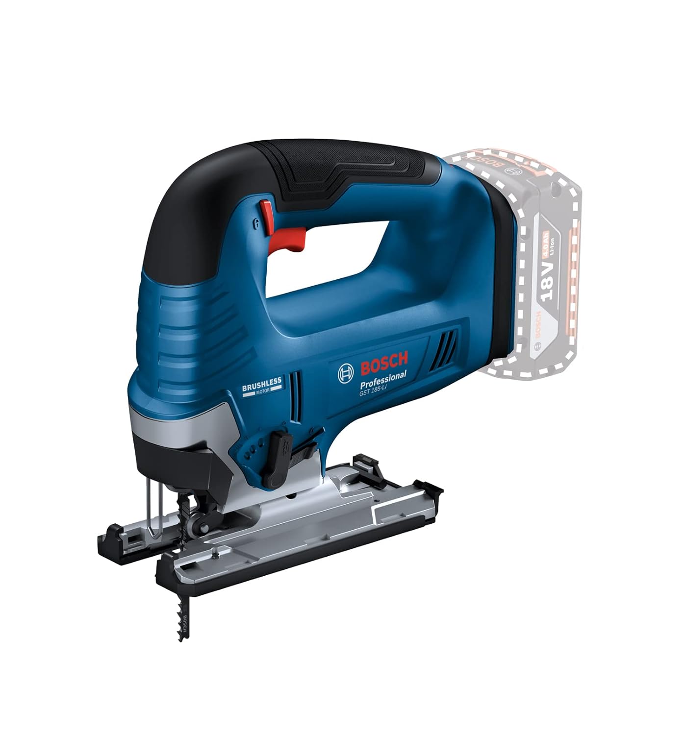 Bosch GST 185-Li Professional Cordless Jigsaw, 18V, 125 mm Cutting Depth, Dust Extraction, 2 kg + Carrying case, 1 x jigsaw blade (Solo Tool - 18V Batteries & Charger sold seperately)