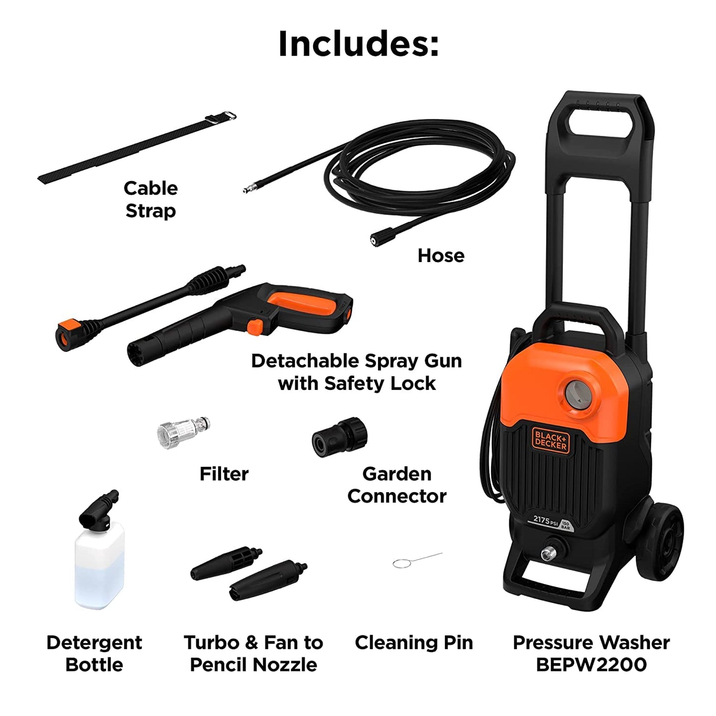 Black + Decker Bepw2200 2000W 2175 Psi 150 Bar Pressure Washer for Car, Bike, Home & Garden Cleaning