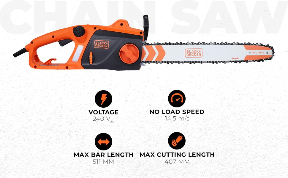 BLACK+DECKER BECS2245-IN 18 Inch, 2200W Corded Chainsaw With Chain Brake System, 2.5m/s chain speed, 150ml oil tank capacity, 5.5 kg+ 1 Year Manufacturer Warranty