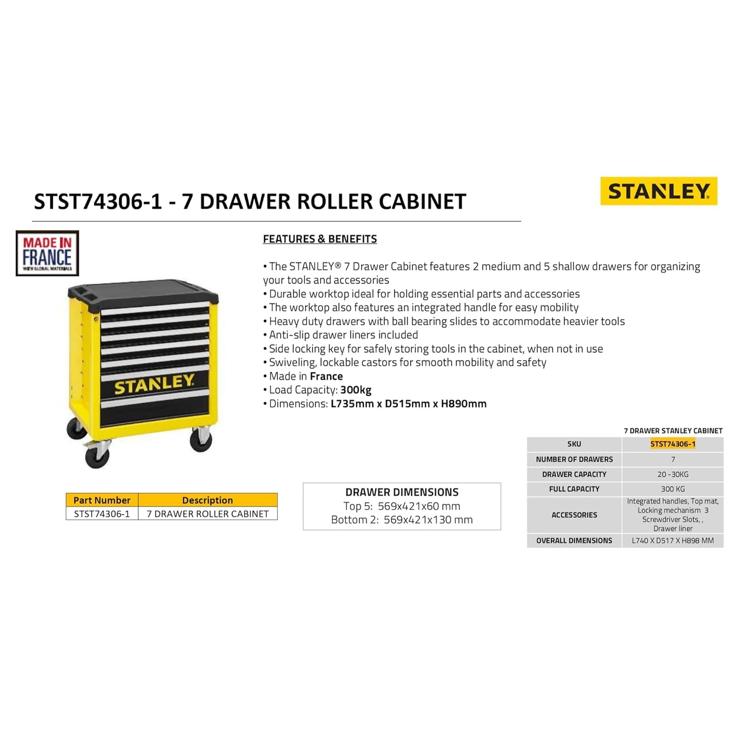 STANLEY STST74306-1 7-Drawer Cabinet, Weight 50 kg, Durable Worktop, Swivelling, Lockable Castors for Smooth Mobility, 12.5 cm Wheel Diameter, Drawer...