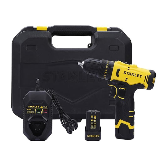 STANLEY SCD10D2K-IN(12 V) Brushed Hammer Drill Driver,with 2x2Ah Batteries & 1.5A Charger LED light,variable speed trigger switch,forward/reverse button,10mm chuck,clutch setting 20+1