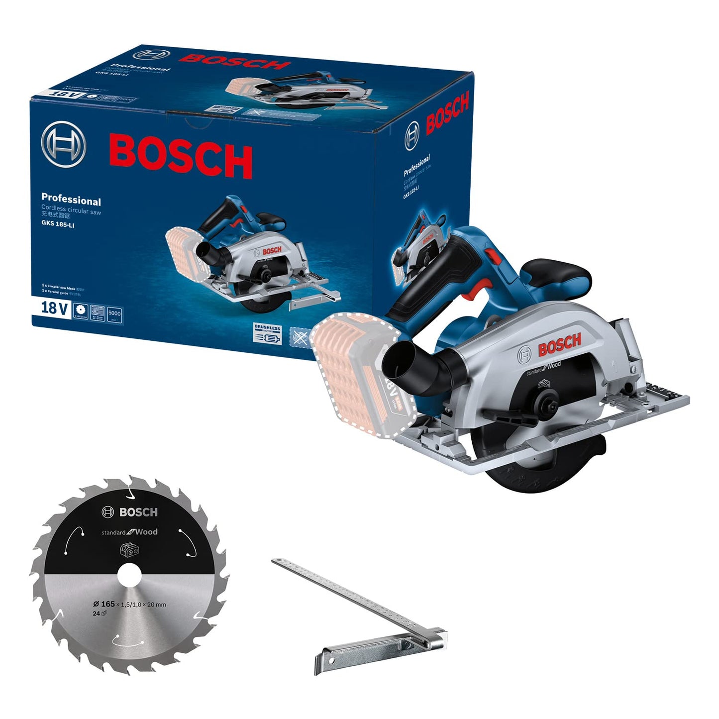 Bosch Gks 185-Li Cordless Circular Saw, Blade 165 Mm, 5,000 Rpm, Brushless Motor, Brake System, 2.8 Kg + 1 Bosch Saw Blade (Solo Tool - 18V Batteries & Charger Sold Separately)