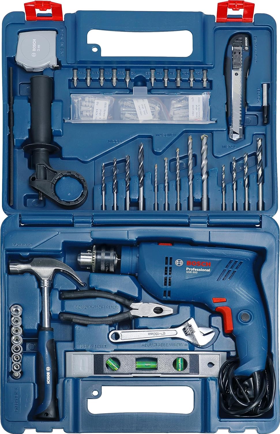 Bosch GSB 600 Corded Electric Impact Drill Kit, 600 W, 13 mm, 1.7 Kg, 3000 RPM, 1.4 Nm, Variable Speed, Forward/Reverse Rotation, Double Insulation, Improved Carbon Brush (100 Pc Kit) | Multicolor