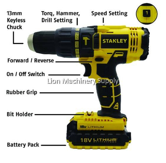 STANLEY SCH20C2K-B1 CORDLESS HAMMER DRILL DRIVER 18V 13MM - Come With 2pcs 1.3Ah Batteries - 2 Years Limited Warranty -