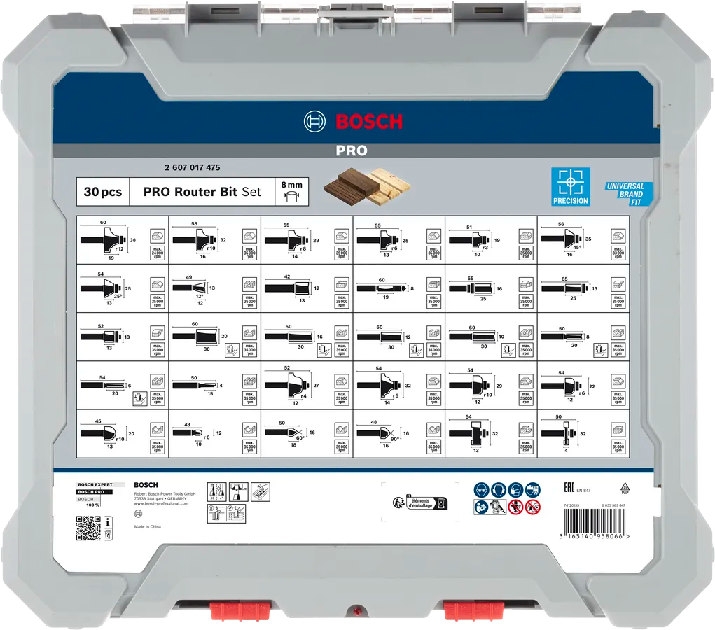 Bosch 2607017475 PRO Router Bit 8mm Mixed Set, 30 pcs