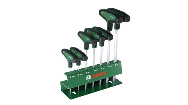 Bosch 1600A039J1 7-piece T-handle hex screwdriver set in metal rack