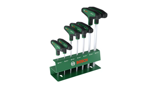 Bosch 1600A039J1 7-piece T-handle hex screwdriver set in metal rack
