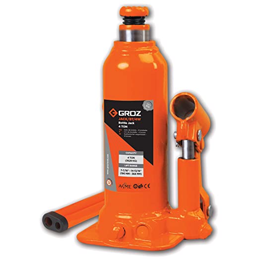 Groz 4 Ton Hydraulic Bottle Jack with Load Limiting Device | Ideal for use MUVs, SUVs, Mini Trucks, LCVs | Portable | Leak-proof| Forged Base| Lifting Range: 190 368 mm| JACK/BT/4W, Orange