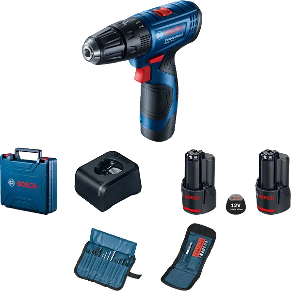 Bosch GSB 120-LI Professional Cordless Drill Driver For Wood + 2 x battery GBA 12V 1.5Ah, Charger GAL 1210 CV Professional & 23-piece drilling and screw driving bit set with holder