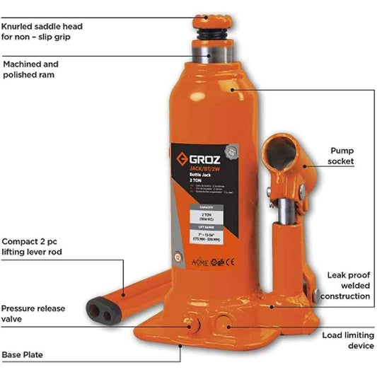 Groz 2 Ton Hydraulic Bottle Jack, JACK/BT/2W